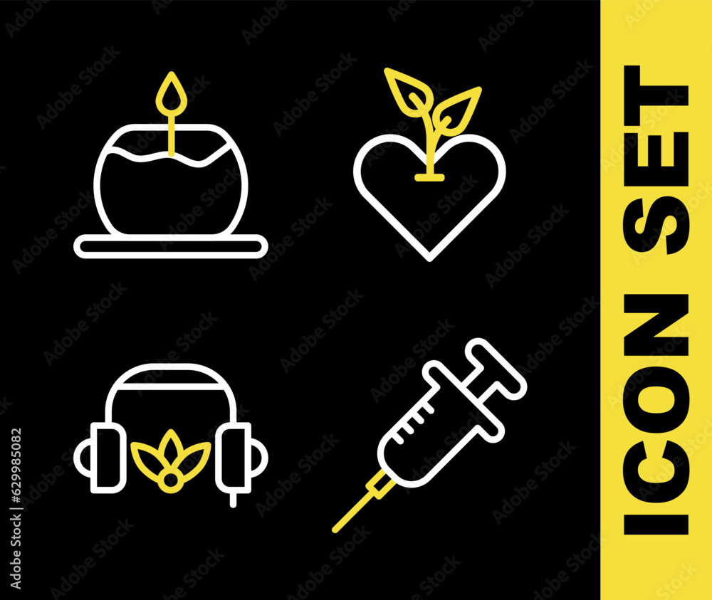 Set line Heart, Syringe, Headphones for meditation and Aroma candle icon. Vector