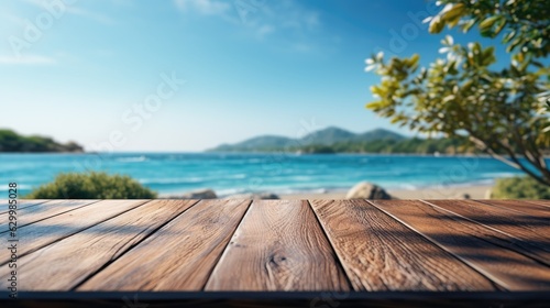 Wooden table top on blurry background of sea island and fresh blue sky  coconut tree wooden sky with clouds on background - For product display montage of your products.