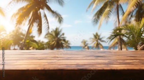 Wooden table top on blurry background of sea island and fresh blue sky  coconut tree wooden sky with clouds on background - For product display montage of your products.