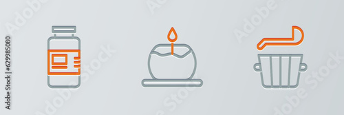 Set line Sauna bucket and ladle, Collagen serum and Aroma candle icon. Vector
