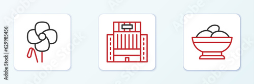 Set line Varenyky in a bowl, Poppy flower and Hotel Ukraina building icon. Vector