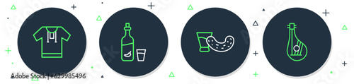 Set line Vodka with pepper and glass, Glass vodka, Embroidered shirt and Bandura icon. Vector
