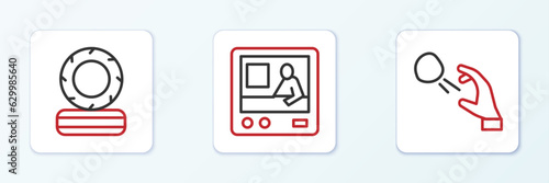 Set line Hooligan shooting stones, Lying burning tires and Television report icon. Vector