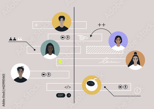 A teamwork organisational timeline scheme, a diverse group of young professionals working together on a project