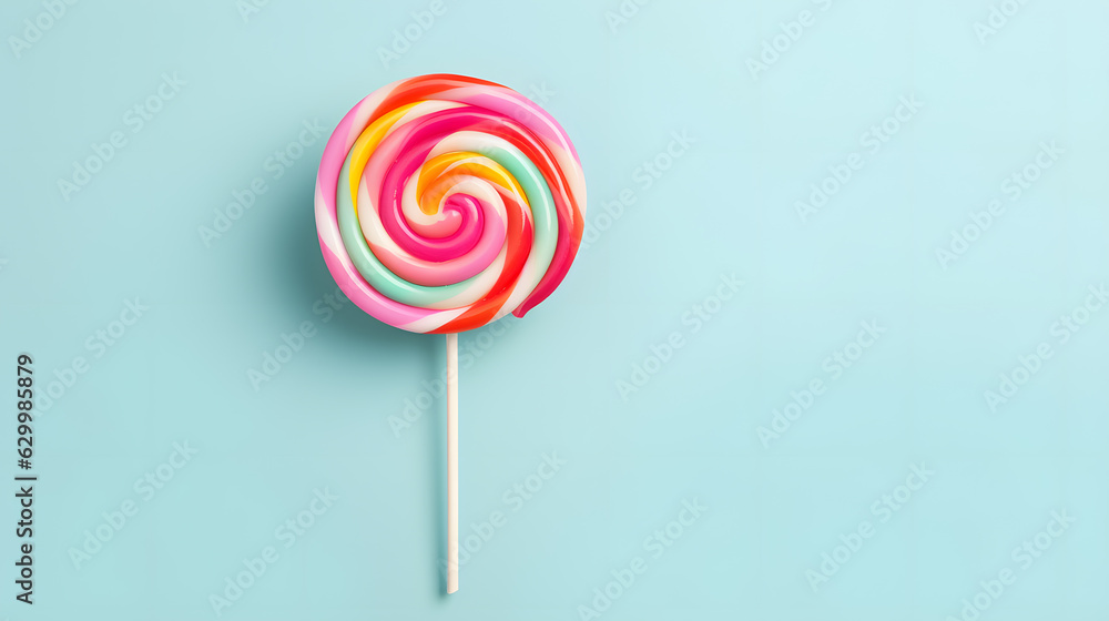 Obraz premium Colorful lollipop swirl on stick, striped spiral multicolor candy on blue pastel background