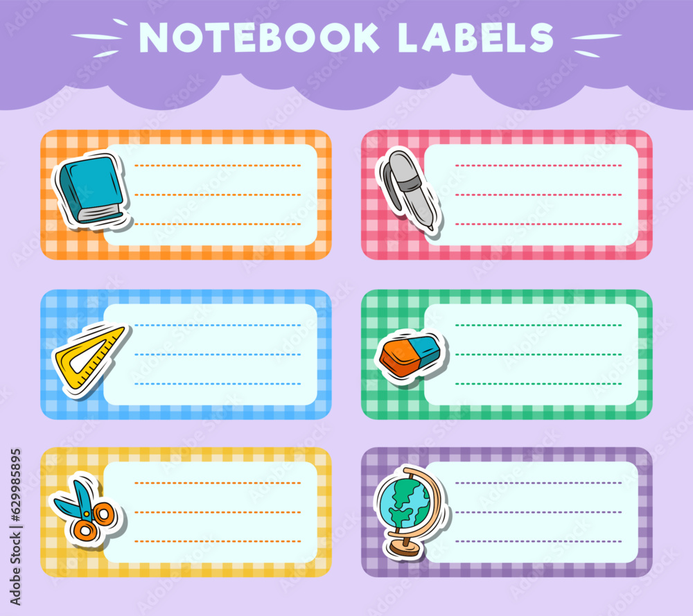 Vector notebook labels. icons of school subjects. colorful vector design