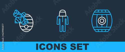Set line Wooden barrel with honey, Hive for bees and Beekeeper protect hat icon. Vector