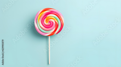 Fotografia Colorful lollipop swirl on stick, striped spiral multicolor candy on blue pastel