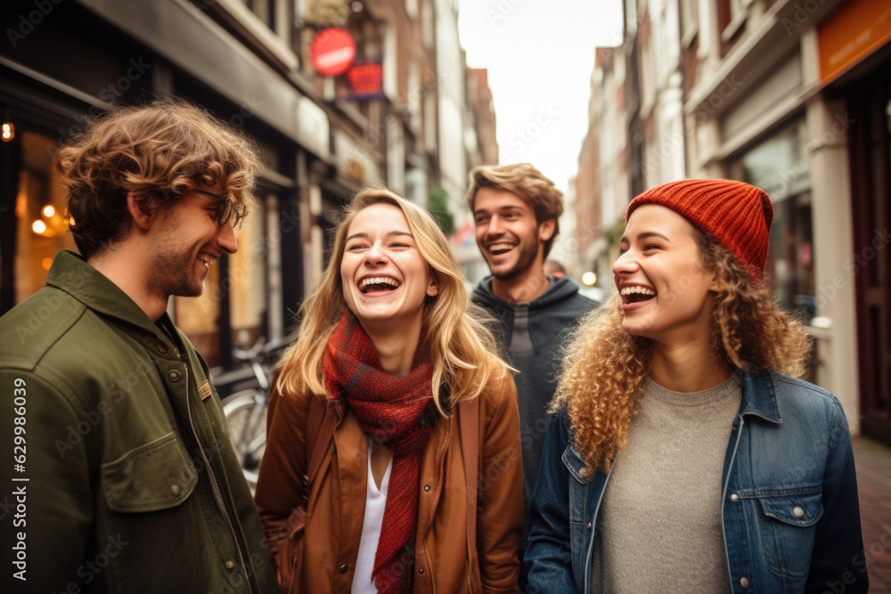 A group of friends laughing and walking together along a colorful, bustling city street