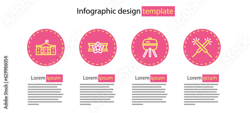 Set line Barbecue grill, Sparkler firework, Star American military and United States Capitol Congress icon. Vector