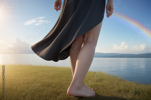 Woman legs on a swardy cliff at the sea shore photo