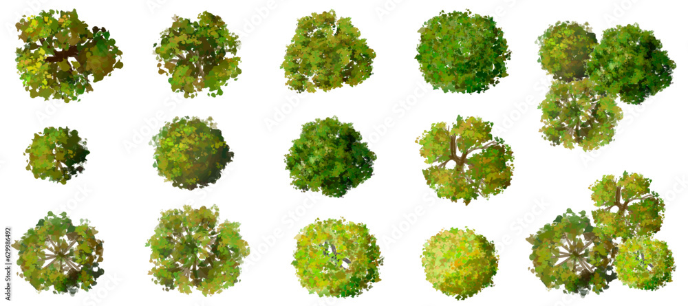 set of green leaves, Vector set of Top view green tree for outdoor plan or map and architecture drawing, elements for environment and garden,botanical elements ,blooming flowers in spring