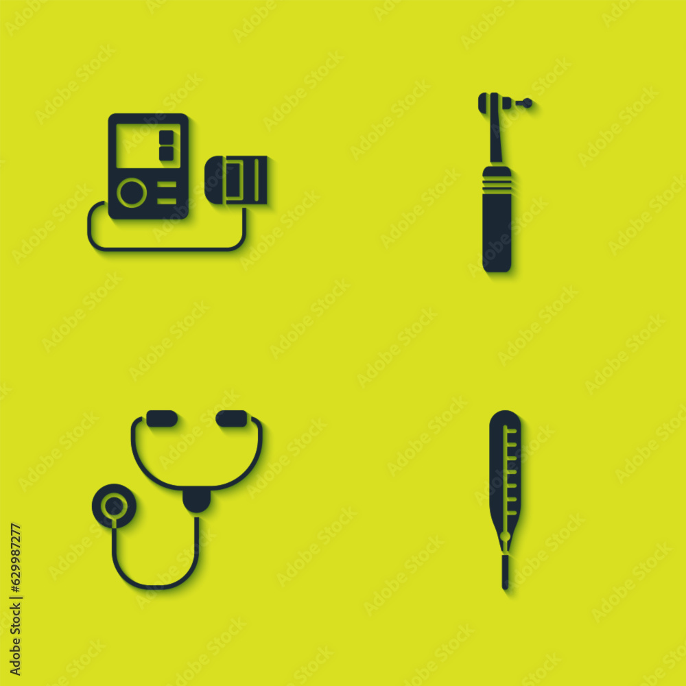 Set Blood pressure, Medical thermometer, Stethoscope and Tooth drill icon. Vector