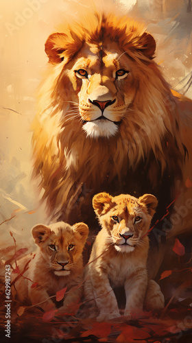 rei leão com dois filhotes, família de leões 