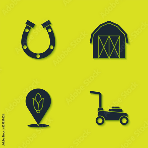 Set Horseshoe, Lawn mower, Location corn and Farm house icon. Vector