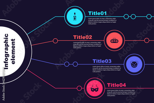 Set Champagne bottle, Home stereo with two speakers, Clown head and Festive mask. Business infographic template. Vector