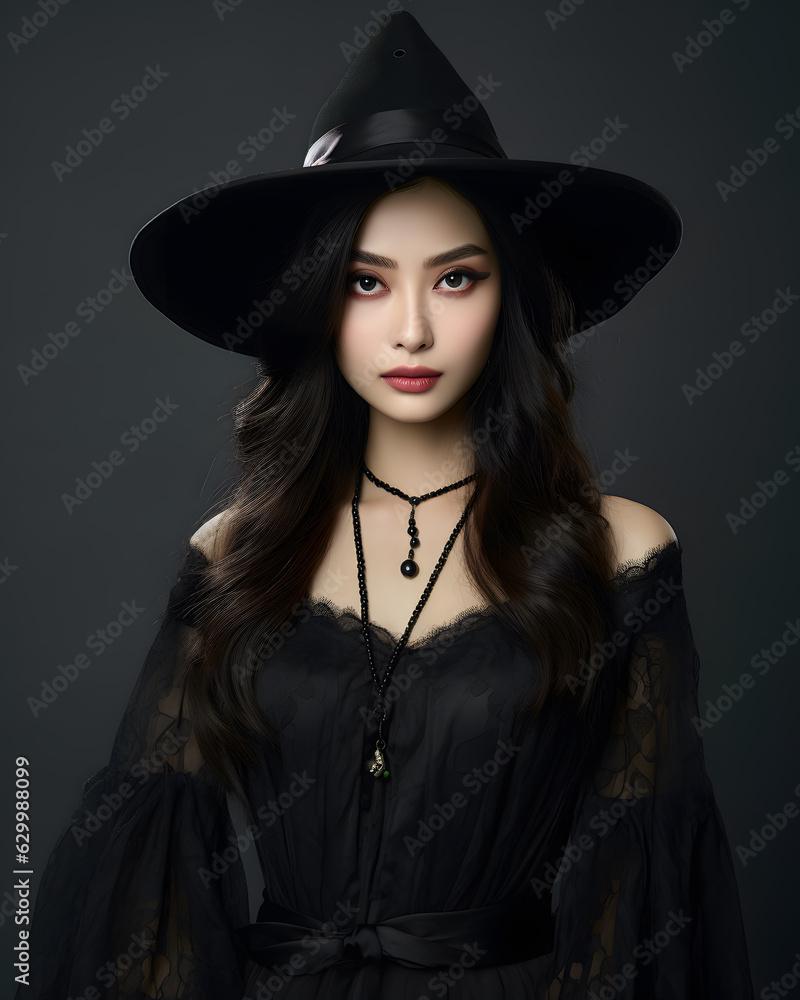 Beautiful young asian woman wearing Halloween outfit for Halloween celebration isolated on black background