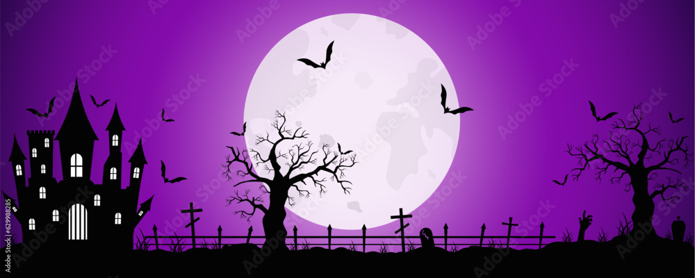 Creepy violet Halloween background with a castle. Bats flying against the backdrop of the moon. Halloween design. Vector illustration.