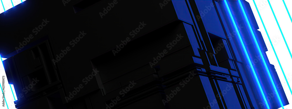 A sci-fi diagonal line and ruined building isolated glowing with a blue and black elegant and modern 3D rendering image A sci-fi diagonal line and ruined building isolated glowing with a blue and black elegant and modern 3D rendering image