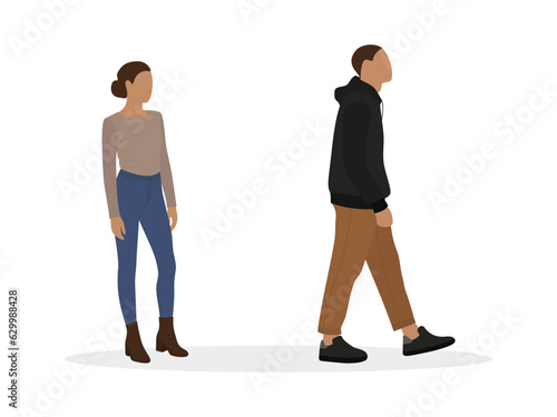 A female character watches a male character leave on a white background
