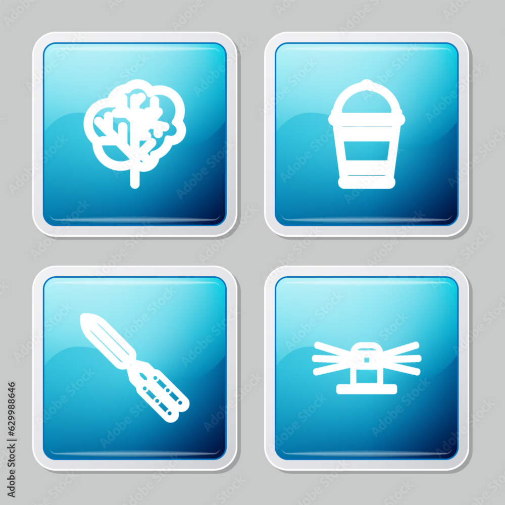 Set line Tree, Bucket, Gardening handmade scissor and Automatic irrigation sprinklers icon. Vector Set line Tree, Bucket, Gardening handmade scissor and Automatic irrigation sprinklers icon. Vector