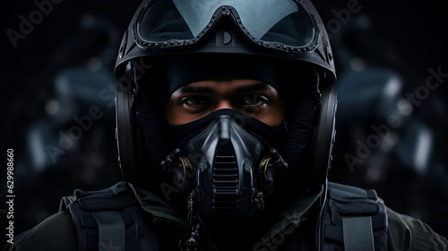 Dramatic Portrait of a Fighter Pilot Dressed in Full Gear with Helmet and Mask. Generative Ai. 