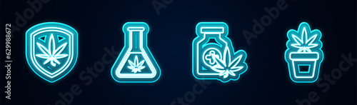 Set line Shield and marijuana, Test tube with, Medical bottle and Marijuana plant in pot. Glowing neon icon. Vector