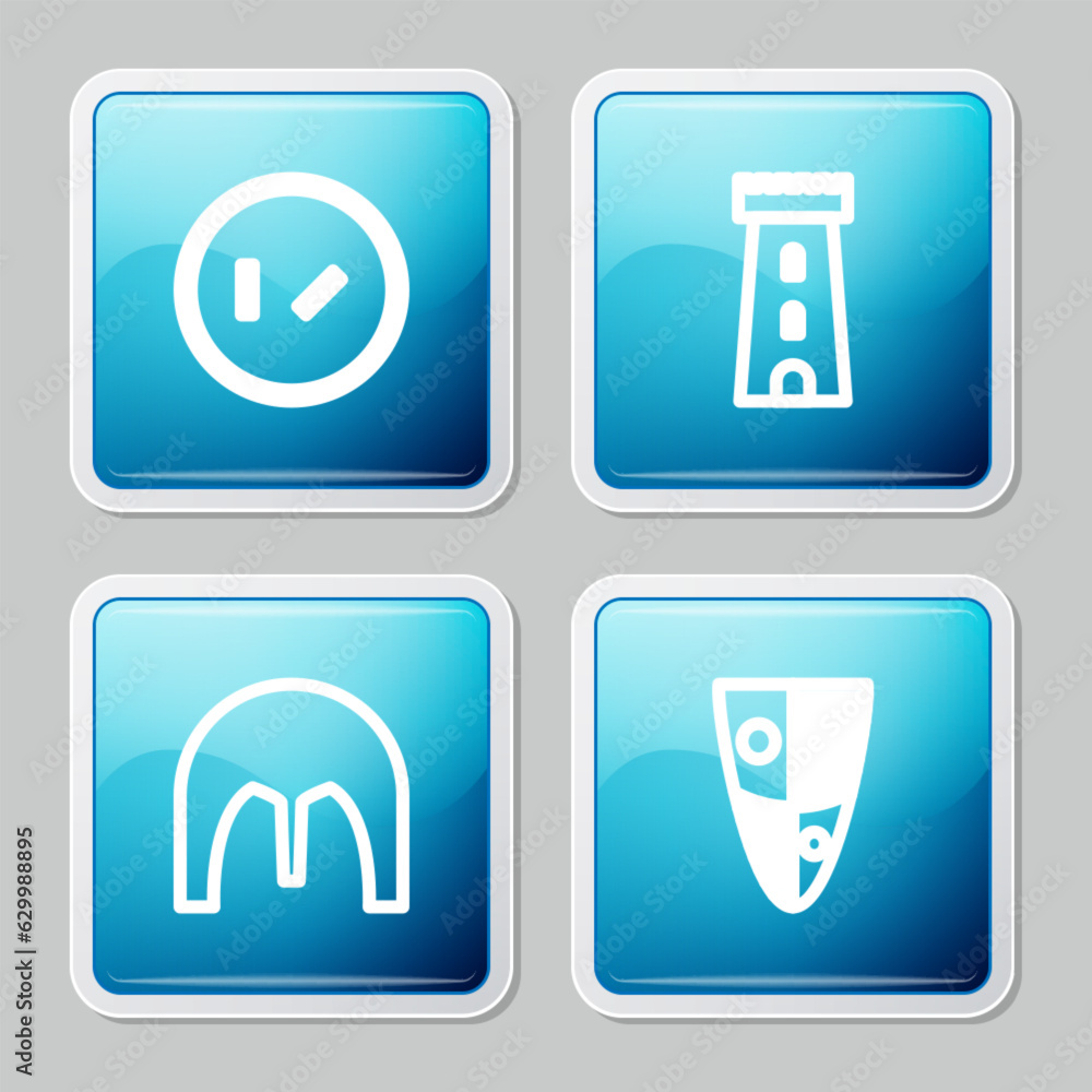 Set line Round wooden shield, Castle tower, Medieval iron helmet and Shield icon. Vector