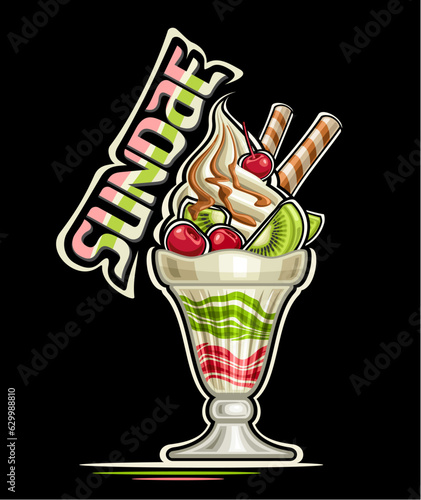 Vector logo for Sundae, decorative poster with illustration of spiral sundae ice cream with layered colorful jam garnished waffle rolls, cute cherry, dripping sauce and text sundae on dark background