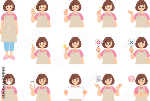 エプロンを着た主婦　表情とジェスチャーのイラスト素材セット