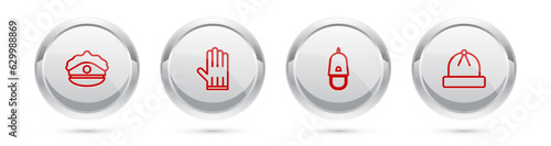 Set line Police cap with cockade, Leather glove, and Winter hat. Silver circle button. Vector