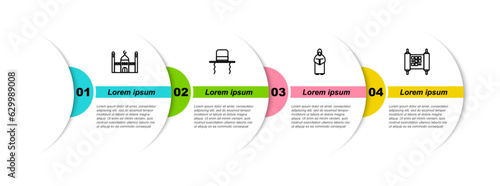 Set line Muslim Mosque, Orthodox jewish hat with sidelocks, Monk and Decree, paper, parchment, scroll. Business infographic template. Vector