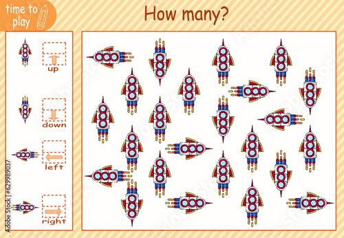 children's educational game, tasks. calculate how many elements will be placed on the right and how many on the left. whitespace. rockets. robot