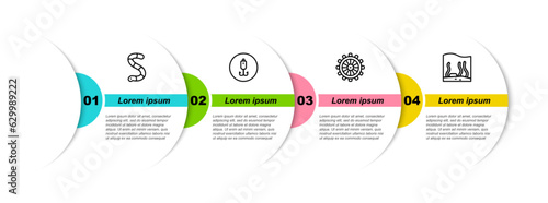 Set line Worm, Fishing hook, Ship steering wheel and Aquarium. Business infographic template. Vector