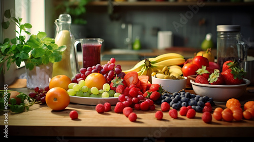 Kitchen table with a lot of fruits on it, Fruits diet concept of Green and Red Healthy Foods - World Vegetarian Day