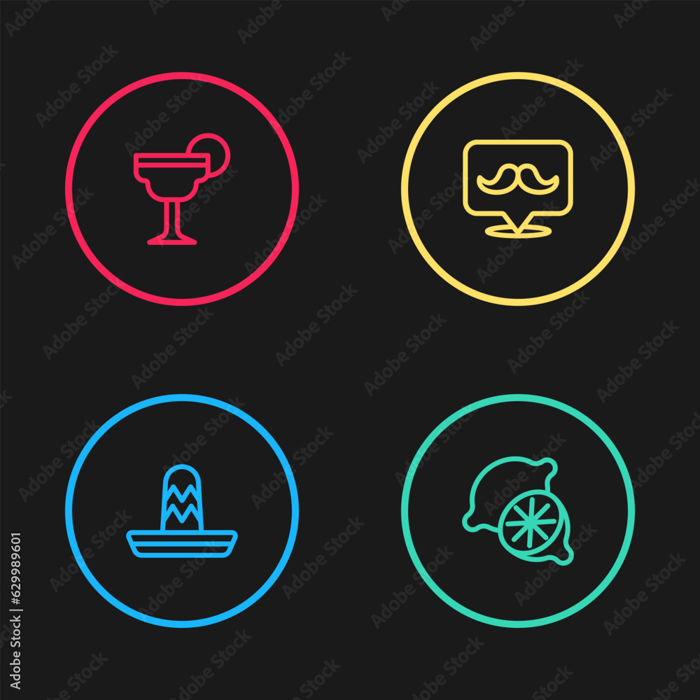 Set line Mexican sombrero, Lime, Mustache and Margarita cocktail icon. Vector