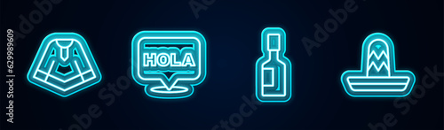 Set line Poncho, Hola, Tabasco sauce and Mexican sombrero. Glowing neon icon. Vector