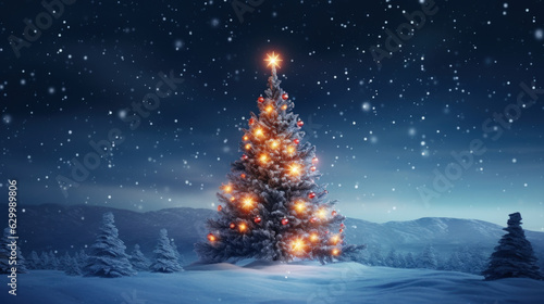 Christmas tree on snow mountain background. Generative ai. © tonktiti