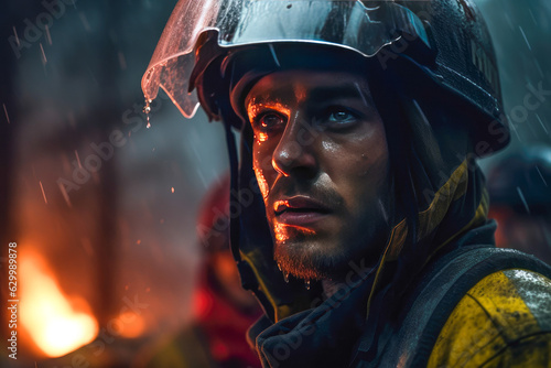 Close-up of a male fireman in uniform and helmet on the background of a forest fire