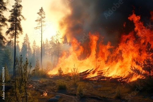 Thick smoke and flames engulfed trees, bushes and dry grass. forest fire © Светлана Парникова