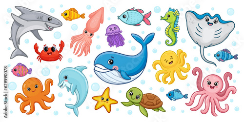 set of sea animals. Dolphin  octopus  sea horse  sea       turtle  squid  stingray  jellyfish  shark. Cute cartoon animals for kids. Vector illustration