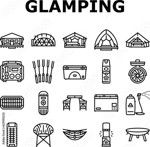 glamping tent nature luxury icons set vector. forest africa, barbecue glamour, camp, campfire bubble, chair beach, vacation glamping tent nature luxury black contour illustrations