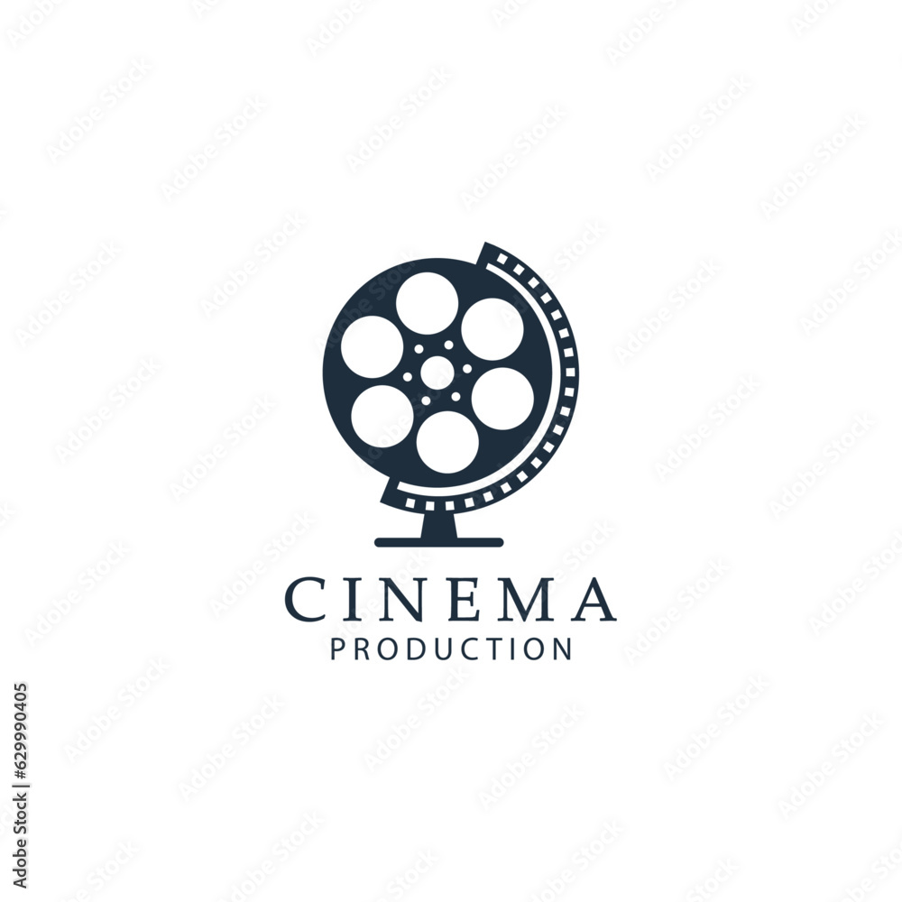 Film reel with globe stand illustration, Global movie film logo icon sign symbol design concept Film reel with globe stand illustration, Global movie film logo icon sign symbol design concept