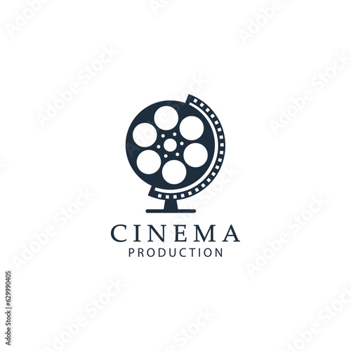 Film reel with globe stand illustration, Global movie film logo icon sign symbol design concept