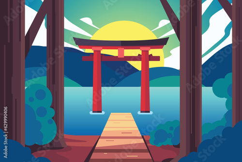 torii gates landscape illustration, shrine gate, japanese landmarks