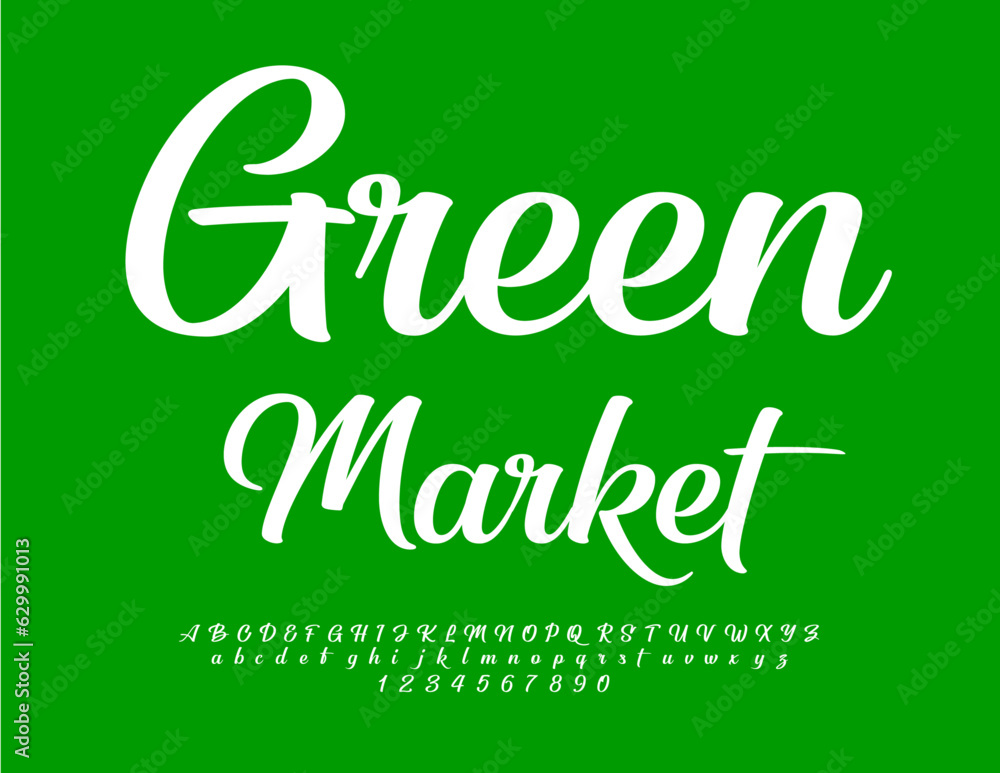 Vector artistic Sign Green Market with White cursive Font. Creative Alphabet Letters and Numbers set Vector artistic Sign Green Market with White cursive Font. Creative Alphabet Letters and Numbers set