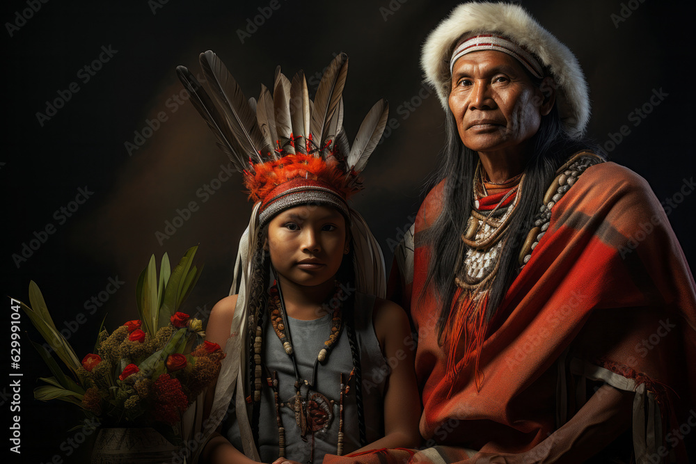 Indigenous grandfather and little kid in ethnic clothes and feather headpiece on dark background. National traditions concept