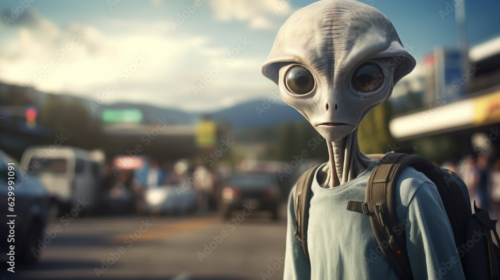 An extraterrestrial in wonder at the human diversity in a bustling city. An extraterrestrial in wonder at the human diversity in a bustling city.