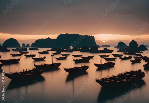 Boats at sea at sunset sunrise