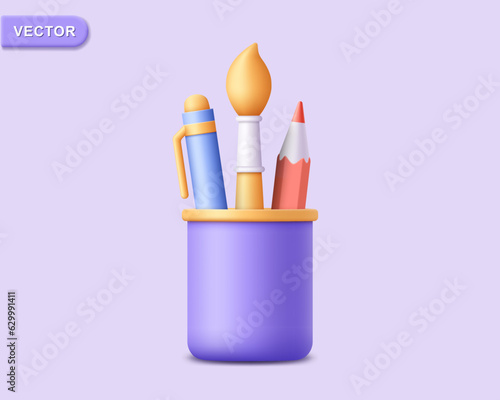 3D holder school stationery with pencil, pen and brush. Render holder stationery for back to school, education, office, art, creative lessons. 3d rendering holder stationery vector icon illustration